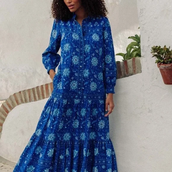 Pink City Prints Margot Blue Maxi Dress -Size Medium NWT - Picture 2 of 7